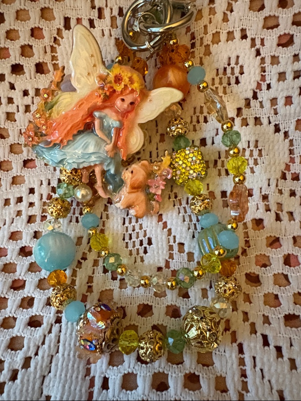 Whimsical Fairy and Puppy Beaded Keychain Charm - Pastel Jewel Tones